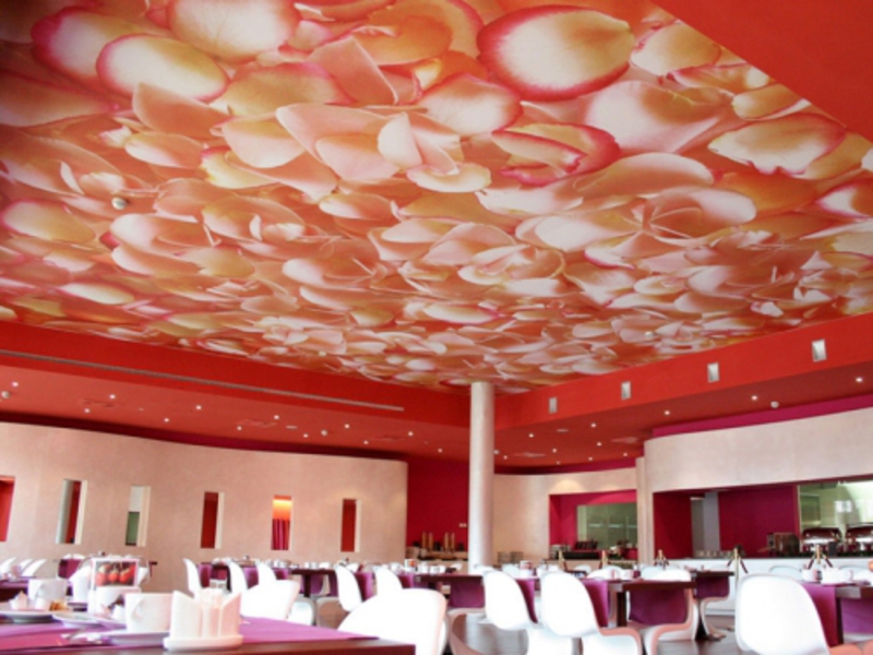 Тканевый натяжной потолок с изображением лепестков роз