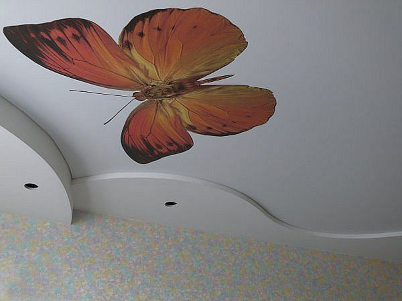Натяжной потолок с декором - бабочкой