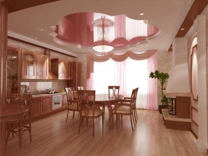 Комбинированный потолок розового цвета