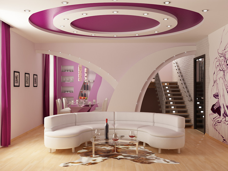 Розовый потолок в гостиной комнате